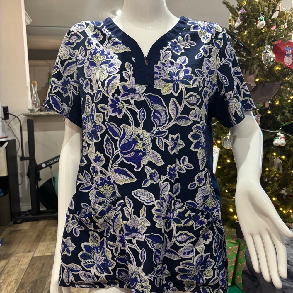 Floral Print Navy Scrub Top